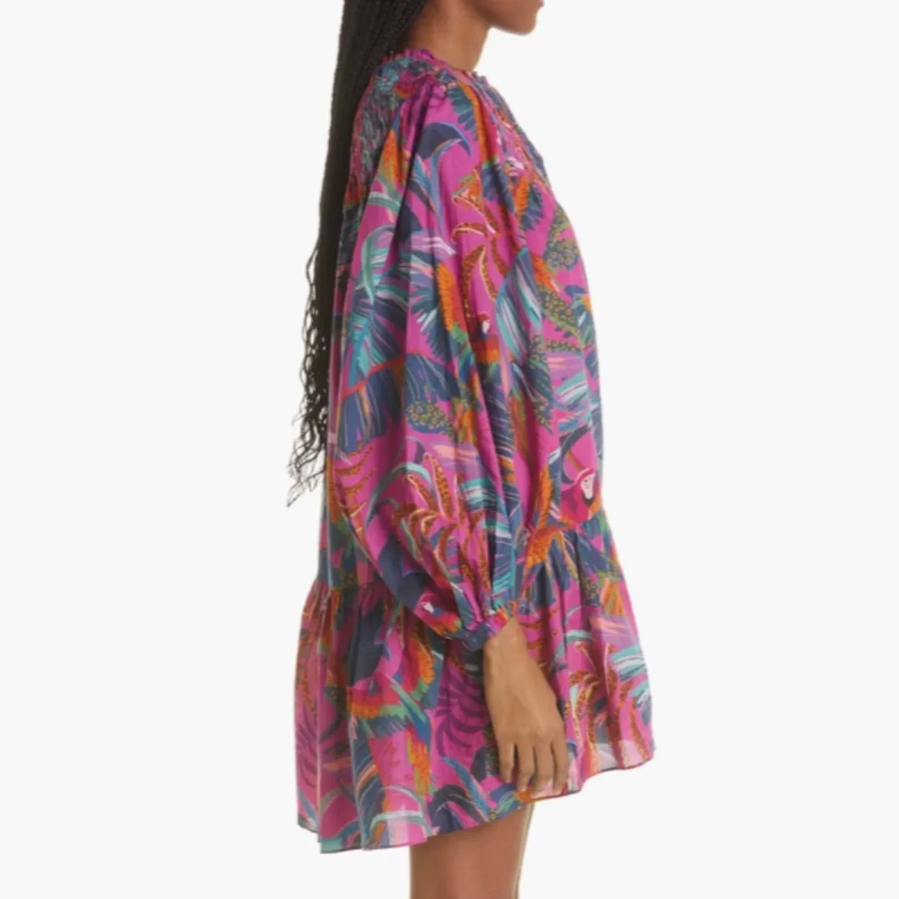 NWT $195 FARM Rio Rainbow Macaws Long Sleeve Minidress, RAINBOW MACAWS, Small!